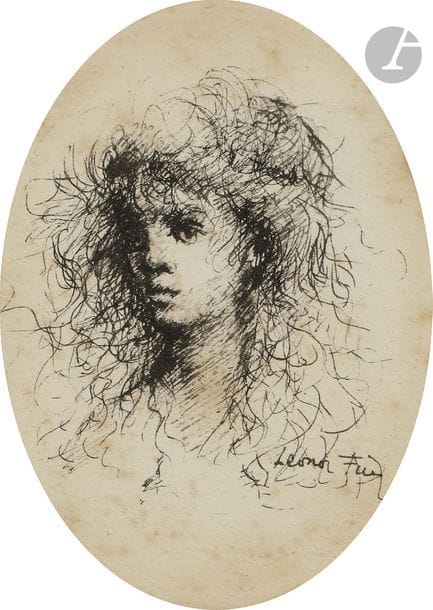 Leonor FINI (1908 - 1996)
Portrait de femme, sujet ovale
Encre.
Signé en bas à droite.
(Rousseurs).
7,5 x 5,5 cm