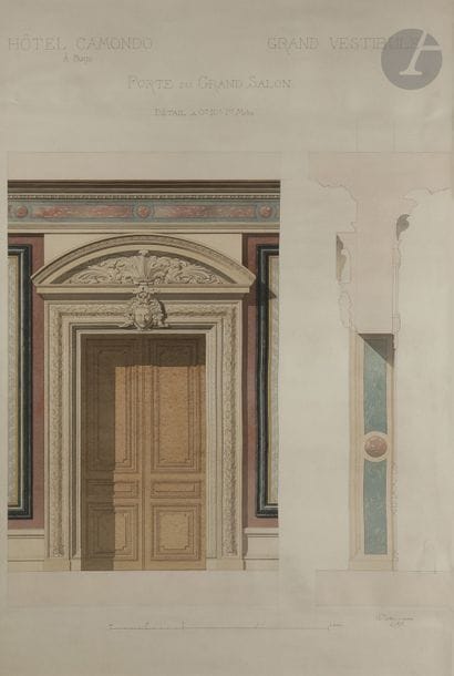 Denis-Louis DESTORS (1816 - 1882)
Porte du grand salon de l’Hôtel Nissim de Camondo - Façade sur la cour, ordre architectural
2 aquarelles.
Signées et datées en bas à droite.
96,5 x 62,5 cm et 98,5 x 62 cm 
En 1869, les deux frères Abraham-Behor (1829-1889) et Nissim de Camondo (1830-1889), banquiers juifs originaires de Constantinople, décident de s’installer à Paris pour développer la banque familiale. Un an plus tard, ils font l’acquisition de deux terrains mitoyens rue de Monceau, en bordure du parc. Le comte Nissim de Camondo se fait bâtir un hôtel particulier au n°63 de la rue et son frère Le comte Abraham-Behor de Camondo confie à l’architecte Denis-Louis Destors (1816-1882), élève de Charles Garnier, le projet de son futur hôtel au n°61. L’hôtel, de style éclectique, est achevé en 1875. Denis-Louis Destors recevra d’ailleurs pour ce projet la médaille d’argent de l’architecture privée, décernée par la Société centrale des architectes. Cette coupe longitudinale est un témoignage inédit de cet hôtel dont le décor intérieur initial est aujourd’hui détruit. Une vue de la façade sur la cour de l’hôtel du comte Abraham-Behor de Camondo réalisée par Denis-Louis Destors en 1876 figure dans les collections du Musée des Arts décoratifs, Paris (inv. CAM 2012.2.1).