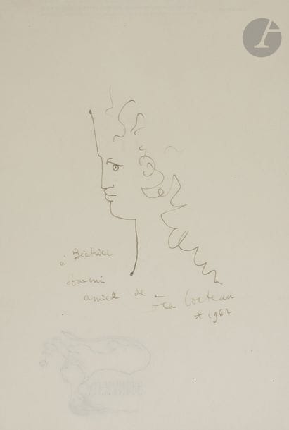 Jean COCTEAU (1889 - 1963)
Portrait de femme, 1962
Feutre.
Signé, daté et dédicacé : « à Béatrice Souvenir amical ».
30 x 20 cm

Ce dessin a été réalisé au dos d’un papier à lettre du coiffeur Alexandre.

Nous remercions Madame Annie Guédras d’avoir confirmé l’authenticité de cette œuvre. Un avis émis par elle, en date du 8 février 2019, sera remis à l’acquéreur.