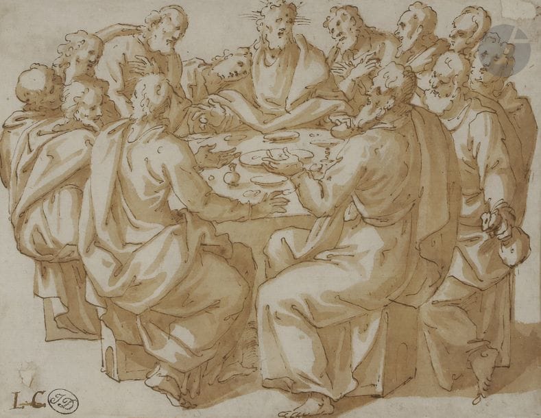 Attribué à Giovanni Battista della ROVERE 
(vers 1560 - 1627)
La Cène
Plume et encre brune, lavis brun sur traits de crayon noir.
Annoté en bas à gauche « L. C. » et porte le cachet de la collection Jules Dupan (Lugt 1440).
Porte un numéro sur le montage.
(Doublé, manques dans le coin supérieur droit et inférieur gauche).
18,5 x 23,5 cm