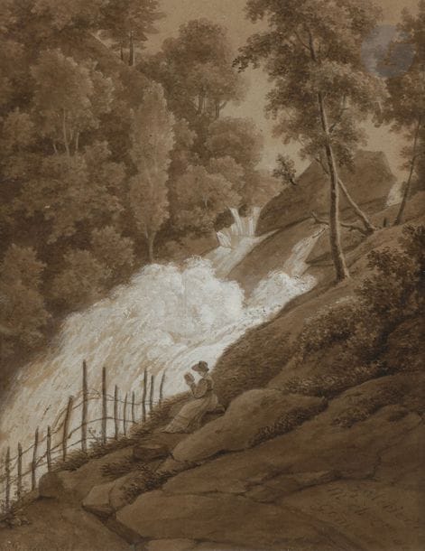 Alexandre Millin du PERREUX 
(1764 - 1843)
Femme lisant au bord d’une cascade, 1808
Lavis brun et rehauts de gouache blanche sur traits de crayon noir, mise au carreau au crayon noir.
Signé et daté en bas à gauche, annoté en bas à droite : « Galerie de Mr. Ch. C. de Gonthaud (?) ».
Situé dans un cartouche sur le montage « Cascade des Eaux-Bonnes » (Pyrénées-Atlantiques).
17,5 x 13,5 cm
