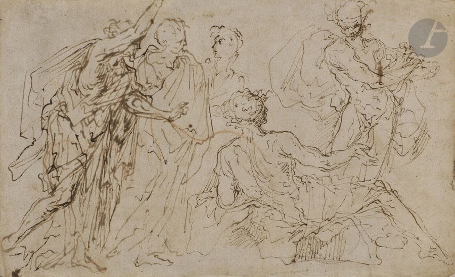 Attribué à Salvator ROSA (1615 - 1673)
Apollon et Marsyas
Plume et encre brune.
13 x 21 cm