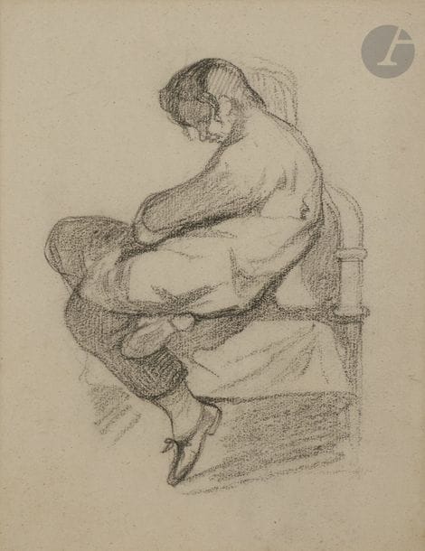 ÉCOLE FRANÇAISE du XIXe siècle
Femme nue assise
Crayon noir.
Monogrammé au verso à la plume et encre brune.
20,5 x 26,2 cm

On joint un autre dessin d’un personnage assis portant le même monogramme au verso.