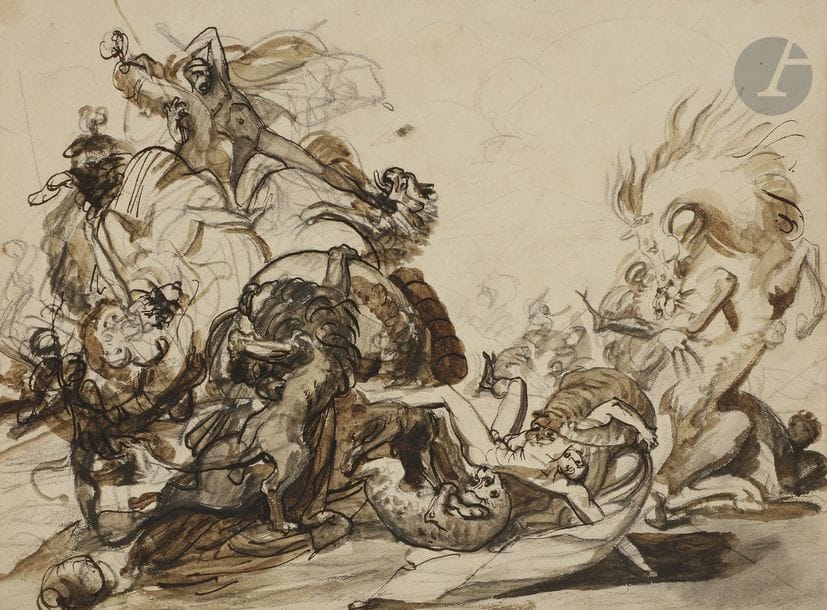 Antoine-Jean Gros, 
dit Baron GROS 
(1771 - 1835)
Chasse aux lions
Plume et encre brune sur traits de crayon noir, lavis brun.
(Petites taches).
21 x 28 cm

Nous remercions M. Gérard Auguier de nous avoir aimablement confirmé l’authenticité de ce dessin. Notre dessin porte la même fougue et la même énergie que dans Bucéphale dompté par Alexandre (vente de la collection Delestre, 22 mars 2017, Artcurial, n°7), aujourd’hui conservé au musée du Louvre. Dans la même vente, on retrouve dans un petit croquis au crayon noir de combat de chevaux et d’ours (n°33), la même façon de poser le cheval et sa crinière. Notre dessin exprime l’influence des chasses aux lions de Rubens, que Gros admira dans sa jeunesse.