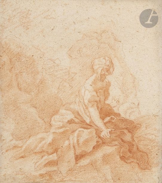 ÉCOLE de Charles de LA FOSSE (1636 - 1716)
Femme assise sur un rocher
Sanguine.
24 x 21,5 cm