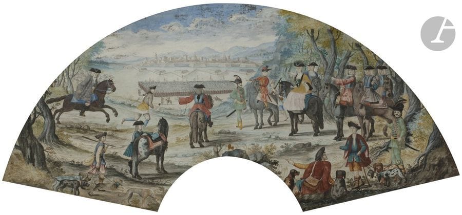 ÉCOLE NAPOLITAINE du XVIIIe siècle 
(ou Piero Penna ?)
Projet d’éventail avec siège d’une ville
Gouache.
Annotée « Piero Penna F. Nap. 721 ».
25,5 x 49 cm de forme irrégulière 
