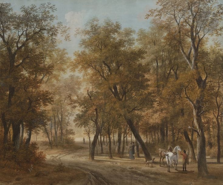 Attribué à Louis GADBOIS (1770 - 1826)
Halte dans un sous-bois.
Aquarelle gouachée.
44 x 54 cm