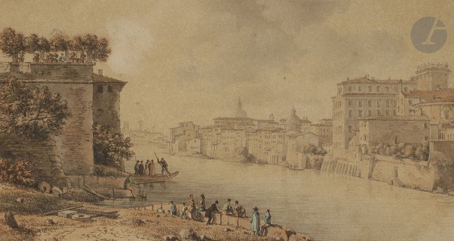 Victor-Jean NICOLLE (1754 - 1826)
Paire de vues sur le Tibre
2 dessins à l’aquarelle, plume et encre brune.
Monogrammés à gauche.
(Légèrement insolés).
7,5 x 14 cm chacune