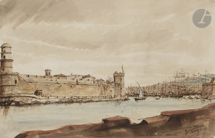 François-Victor SABATIER 
(1823 - 1891)
Le Port de Marseille, 1858
Dessin à l’aquarelle sur traits de crayon noir.
Signé, daté et situé en bas à droite : « Entrée du vieux port, Marseille, mai 1858 ».
21 x 33 cm

On joint une autre vue du port de Marseille par Leconte de Roujou (1819 - 1902).