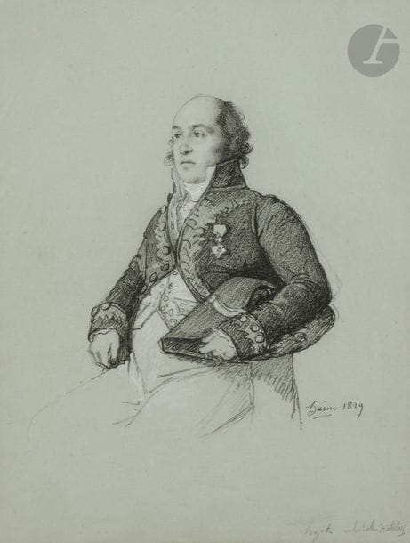 François-Joseph HEIM (1787 - 1865)
Portrait de Monsieur Huyot, architecte, 1829
Pierre noire et rehauts de craie blanche sur papier bleu.
Signé et daté en bas à droite.
Annotation peu lisible au crayon noir en bas à droite.
27,5 x 21,5 cm 
En 1829, année où fut dessiné notre portrait, le modèle a une cinquantaine d’année et est bien installé dans la capitale française : fort de son expérience étrangère, il enseigne l’histoire de l’architecture à l’école des Beaux-Arts où ce cours connaît un très grand succès.