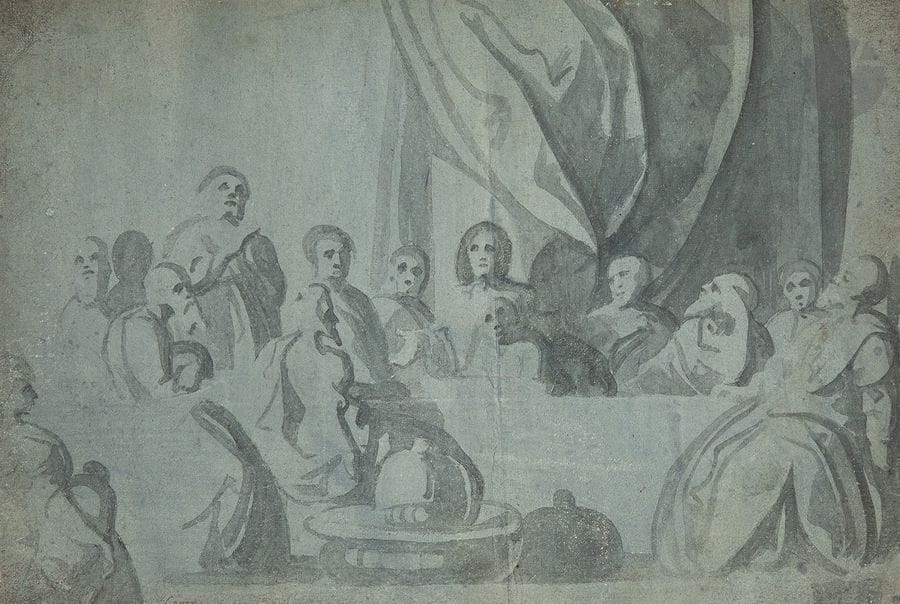 ÉCOLE HOLLANDAISE du XVIIe siècle
La Cène
Pinceau et lavis gris préparé en bleu, passé au stylet.
(Pliure au centre doublée, petite restauration dans les deux coins gauches).
23 x 35 cm

Provenance : 
Collection Mathias Polakovitz (son cachet en bas à droite, Lugt 3561).

On joint un dessin ancien du XVIIe siècle.