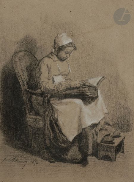 François BONVIN (1817 - 1887)
Paysanne lisant, 1850
Fusain et craie blanche sur vélin chamois.
Signé et daté en bas à gauche.
(Collé en plein, traces de plis ouverts dans le tiers supérieur).
42 x 31 cm