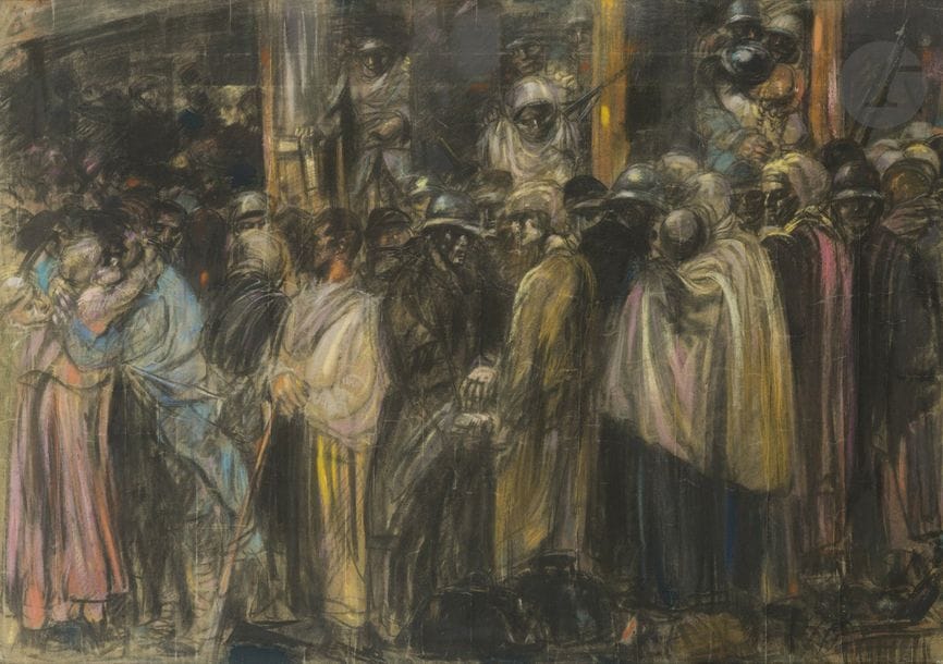 Henry de GROUX (1866 - 1930)
Le Départ des soldats, vers 1916
Pastel.
Trace de signature en bas à droite.
(Plis et usures).
72 x 104 cm