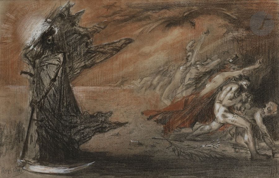 Régis-Jean-François DEYGAS 
(1876 - 1943)
La Mort et la faux
Fusain, sanguine et rehauts de gouache blanche.
Signé en bas à gauche.
29,5 x 46,5 cm