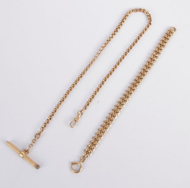Lot de deux chaînes giletières en or 18K (750). Poids: 37,9 g