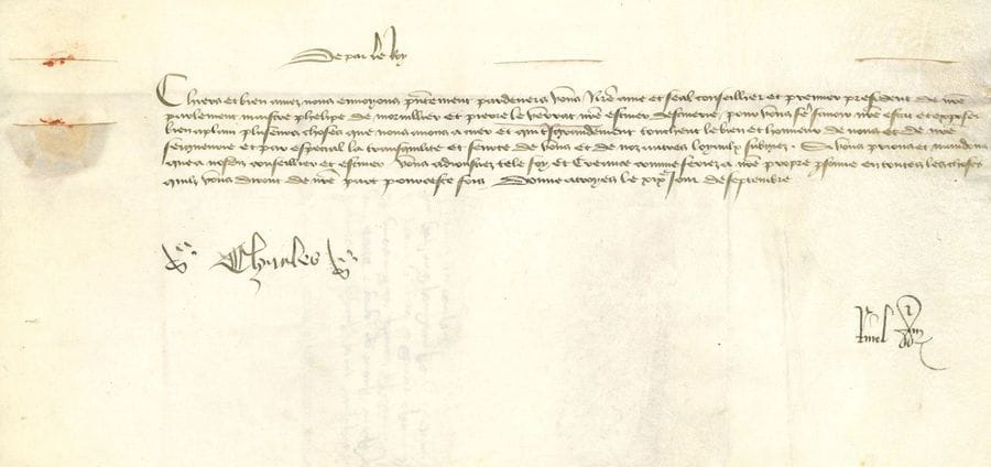 CHARLES VI (1368-1422) Roi de France.
L.S. « Charles », Troyes 19 septembre [1419], aux gens d’un conseil ; contresignée par PINEL ; vélin oblong in-4, trace de sceau de cire rouge.

Beau et rare document.
Il envoie à ses « chiers et bien amez » le premier président du parlement Philipe de MORVILLIER et l’écuyer Pierre LE VERRAT « pour vous fere scavoir nostre estat et exposer bien aplain plusieurs choses que nous avons a cuer et qui tres grandement touchent le bien et honneur de nous et de nostre seigneurie et par especial la tranquilité et seurté de vous et de noz autres loyaulx subgiez »…