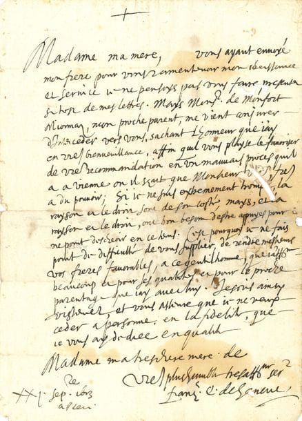 FRANÇOIS DE SALES Saint (1567-1622) évêque de Genève, fondateur de l’ordre de la Visitation, auteur de l’Introduction à la vie dévote et du Traité de l’amour de Dieu.
L.A.S. « Françs E. de Geneve », « a Neci » [Annecy] 21 septembre 1613, à « Madame de Pezieu » [Françoise de Longecombe de PEYSIEU] à Thuey ; 1 page in-fol., adresse au verso avec sceau sous papier à ses armes (petite galerie de ver dans le texte, quelques mouillures pâles).

Recommandation d’un parent, et réflexions sur la raison et le droit.
[Françoise de Disimieu, épouse de François-Philibert de Longecombe de PEYSIEU, veuve en 1591, avait cinq enfants ; elle mourut en 1617. Elle était apparentée à François de Sales par le mariage d’une des aïeules de François avec un François de Longecombe, et François de Sales, qui entretint avec elle une belle correspondance, l’appelait sa « très chère mère ».]
« Madame ma Mere, vous ayant envoyé mon frere pour vous ramentevoir mon obeissance et service je ne pensoys pas vous faire presenter si tost de mes lettres. Mays Monsr de Monfort Mionnaz, mon proche parent, me vient conjurer d’interceder vers vous, sachant lhonneur que j’ay en vostre bienveuillance, affin quil vous playse le favoriser de vostre recommandation en un mauvais proces quil a a Vienne, ou il sçait que monsieur vostre frere a du pouvoir ; si je ne suis extremement trompé, la rayson et le droit sont de son costé, mays, et la rayson et le droit ont bon besoin d’estre appuyés pour ne point descheoir en ce tems. Cest pourquoy je ne fais point de difficulté de vous supplier, de rendre messieurs vos freres favorables, a ce gentilhomme, que j’aff[ection]ne beaucoup et pour ses qualités et pour le proche parentage que jay avec luy. Jescris ainsy vistement, et vous asseure que je ne veux ceder a personne, en la fidelité, que je vous ay dediee »…
[François de Sales intervient ici en faveur de son parent Amé de Montfort, seigneur de Mionnas et Conzié, en procès depuis plus de dix ans pour l’