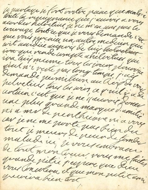 MARIE LESZCZYNSKA (1703-1768) Reine de France, femme de Louis XV.
L.A., [vers 1740, à la comtesse de TOULOUSE] ; 1 page in-4.

Inquiétudes pour la santé du jeune duc de Penthièvre, qu’elle confie à son médecin Helvétius.
[Louis-Jean-Marie de Bourbon, duc de PENTHIÈVRE (1725-1793), fils du comte de Toulouse (1678-1737), était le petit-fils de Louis XIV. Jean-Claude-Adrien HELVÉTIUS (1685-1755) était depuis 1725 le médecin de la Reine, dont il sera nommé le premier médecin en 1728.]
« Je partage si fort vostre peine que malgré toute la repugnance que j’aurois a vous acorder Helvetius, je ne m’en sens pas le courage, tout ce que je vous demande c’est que vous preniez un autre medecin qui soit assidüe auprès de luÿ, qui rende compte a Helvétius, qui ira luÿ mesme tous les jours, pourvvüe qu’il n’i reste pas long-temps. J’ay demandé permission au Roÿ de voir Helvetius tous les soirs, ce qu’il ÿ a de certain c’est que je ne scaurois donner une plus grande marque d’amitié ni a Mr de Penthievre ni a vous car je ne me porte pas bien du tout, je meurs de peur de tomber malade ici, je vous embrasse de tout mon cœur, vous me faites grande pitié, j’espere que Dieu vous consolera et que mon petit ami guerira bien-tost. »