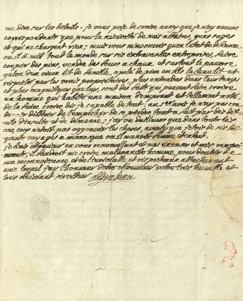MIRABEAU Victor de Riquetti, marquis de (1715-1789) économiste, « l’Ami des hommes », père du grand orateur de la Révolution.
L.A.S. « Mirabeau », Paris 18 avril 1774, au chevalier de GASSAUD à Manosque ; 2 pages et demie in-4, adresse avec fragment de cachet de cire rouge (réparation au feuillet d’adresse).

Violente lettre contre son fils.
[Mirabeau, harcelé par les créanciers, a dû obéir à une lettre de cachet obtenue par son père qui le force à résider à Manosque ; il a trouvé asile avec sa jeune femme chez M. de Gassaud. On mesurera dans cette lettre de « l’Ami des Hommes » combien il était sévère avec son fils.]
Il est fâché de l’embarras que cause son fils à M. de Gassaud... « il n’alloit pas a penser qu’on ne put trouver un gite quelconque dabord et je ne le voulois pas bon ; car enfin Monsieur ou il faut desesperer a jamais de cette tête là, ou sans le perdre, et ménageant au contraire touts les moyens de le sauver il faut la fraper par les effets amplement mérités de la sévérité publique et privée et faire révolution dans ce moulin a vent d’orgueil. Dans ce plan là Monsieur l’inébranlable tendresse et la douce participation a ses malheurs prétendus, mais très réels pour sa respectable femme, votre compagnie et la sage participation que vous voulez bien prendre a son sort, sont des émolliants qui pourront, si dieu le veut, fondre son cœur et ramener sa tête ». Il espère obtenir pour son fils un logement au baillage du château, et parle du « dédale immense de la vérification et liquidation des dettes de cet insensé [...] vous m’avouerez qu’en létat de défiance ou il a mis tout le monde sur ses extravantes entreprises, faire couper des pins, vendre des fours a chaux et surtout le pauvre galon dun vieux lit de famille, apelé de père en fils le beau lit [...] sont des faits qui peuvent faire croire un homme qui habite une maison d’emprunt [...] capable de tout. Au 1er avis je n’ay pas cru devoir différer de l’empêcher de se perdre tout a fait par