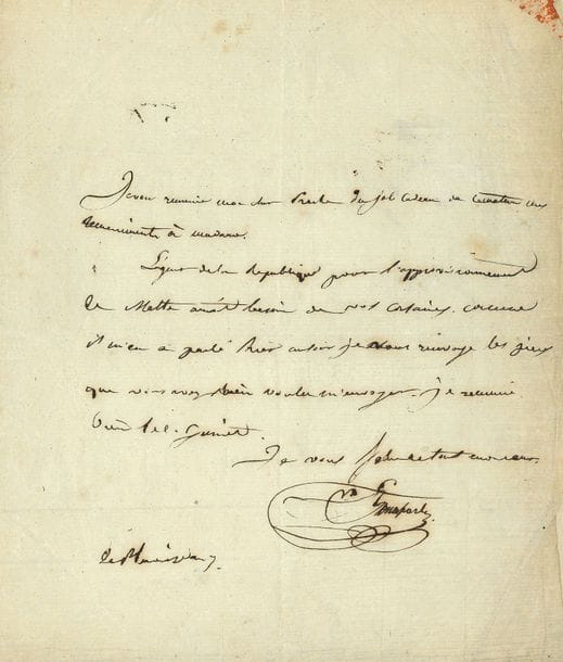 BONAPARTE Louis (1778-1848) frère de Napoléon, roi de Hollande, et père de Napoléon III.
L.A.S. « LBonaparte », 2 pluviôse VII (21 janvier 1799), au C. PRACHE ; 1 page in-4, adresse.

Il le remercie de son cadeau et le prie de transmettre ses remerciements à Mme Prache. « L’agent de la République pour l’approvisionnement de Malte aurait besoin de vos corsaires. Comme il m’en a parlé hier au soir je vous renvoye les pieces que vous avez bien voulu m’envoyer »…