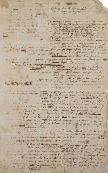 DESMOULINS Camille (1760-1794) journaliste et orateur révolutionnaire, conventionnel (Paris), ardent Montagnard, guillotiné avec Danton.
MANUSCRIT autographe, Notes de Camille Desmoulins sur le rapport de St Just, [1er avril 1794] ; 3 pages in-fol. avec ratures et corrections et additions marginales (bords légèrement effrangés).

Extraordinaire manuscrit de sa plaidoirie pour sa propre défense lors de son procès, contre le rapport accusatoire de Saint-Just. 
[« Camille Desmoulins a donné le titre de Notes sur le rapport de St-Just à cette pièce. Elle constitue la vive esquisse de la défense qu’il espérait prononcer en face de ses accusateurs ; ils refusèrent de l’entendre, et il ne paraît pas qu’avec tous les efforts les plus véhéments il ait pu parvenir à en faire arriver plus qu’une partie entrecoupée à l’auditoire. Dans un accès de désespoir, et l’on peut même dire de véritable rage, il jeta à la tête de ses bourreaux ce papier froissé dans ses mains et mouillé de ses larmes. On peut croire au miracle, quand on voit une pièce aussi intéressante, qui, d’abord tombée au pouvoir de ceux qui avaient intérêt à la détruire, revient après tant de catastrophes aux mains de ceux qui ont le plus grand intérêt à la conserver. Ce dernier cri du courage et du patriotisme qui se débattent dans une si héroïque agonie a quelque chose de sacré » (Matton aîné).
Cette plaidoirie a été citée pour la première fois en 1828 par Berville et Barrière dans le rapport de Courtois sur les papiers de Robespierre, dans lequels il aurait été trouvé. Le texte a ensuite été édité sur l’original à la suite du Vieux Cordelier réimprimé par Matton aîné en 1834 ; puis en 1837 au tome XXXII de l’Histoire parlementaire de la Révolution française de Buchez et Roux (p. 225-229).]

« Si je pouvois imprimer a mon tour, si on ne m’avoit pas mis au secret, si on avoit levé mes scellés et que j’eusse les papiers necessaires pour etablir ma defense, si on me laissoit deux jours seulement 