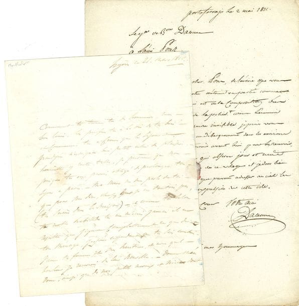 EMPIRE.
13 L.A.S, L.S. et P.S., la plupart par des généraux ou futurs généraux, 1797-1833.

Fortuné de BRACK (certificat de service pour un ancien lancier de la Garde, 1833), Jean-Baptiste BRUNET (brevet de général de brigade, signé par le président du Directoire Merlin de Douai, et par Milet-Mureau), Pierre-Joseph BRUYÈRES (2, à sa femme, Stallupöhnen et Cassel 1812-1813, rel. en tête d’une notice biographique reliée), Jean-Baptiste DALESME (à Pons de l’Hérault, à propos d’un débarquement de l’ennemi sur l’île d’Elbe, 1811), Charles Lefebvre Desnouettes (copie d’époque d’une réplique du général Palafox, général en chef de l’armée d’Aragon, à sa sommation de poser les armes, Albarracin 1808), Jean-Marie-Pierre-François Lepaige DORSENNE (certificat, 1800), Charles d’ESCORCHES DE SAINTE-CROIX (état de services d’un lieutenant), Jean-Ambroise Baston de LA RIBOISIÈRE (au colonel d’Herville, au sujet de bombes d’artifice pour les fêtes lors des couches de l’Impératrice, [1811]), Charles-Tristan de MONTHOLON (à son frère Louis, 1810), Arnaud MUSCAR (brevet de chef de brigade, signé par Treilhard et Schérer, 1798), Jean-Martin PETIT (certificat pour mutation d’officiers, 1813), Barthélemy Louis Joseph SCHÉRER (1797).