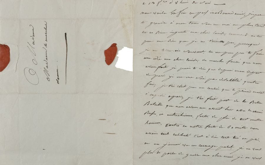 LANNES Jean (1769-1809) maréchal d’Empire.
L.A.S. « Lannes », [Brünn] 13 frimaire à 8 heures du soir (4 décembre 1805), à SA FEMME « Madame la maréchale Lannes » ; 2 pages in-4, adresse avec fragments de cachets de cire rouge.

Magnifique et rare lettre à sa femme au surlendemain de la victoire d’Austerlitz.
« Nous voilà enfin en paix ma bonne amie, j’espere te gronder à mon tour sous un mois au plus tard. Tu es bien injuste ma chère Louise, comment as-tu pu me dire que je ne t’aimois pas, parce que je ne técrivois souvent ; tu ne peux pas te faire un idée […] des marches forcées que nous avons fait je puis te dire que depuis mon départ de Paris je ne me suis pas desabillé quatre fois ». Le Prince MURAT a expédié à Paris sa lettre dans laquelle il lui a fait part « de la belle bataille que nous avons eue avant hier avec les armées Russes et autrichiennes, fortes de plus de cent mille hommes, contre la notre forte de 60 mille. Nous avons tout culbuté c’est à dire tué ou pris. On na jamais vu un carnage pareil. Je ne veux plus te parler de guerre ma chere amie je ne veux ainsi je la fais avec toi et je ne veux d’autre condition que celle que tu avoue que tu as eu grand tort de me gronder ». Louis [de Gueheneuc, son beau-frère] pourra confirmer « que je lui parlois toujours de toi même sur le champ de bataille. Je lui disois si la pauvre Louise nous voyoit je parie qu’elle voudroit partager notre danger »… Il est sûr de son courage, comme celui qu’a montré Louis à ses côtés sur le champ de bataille... « Je finis ma belle Louise en tembrassant mille et mille fois, de cœur et dame »...