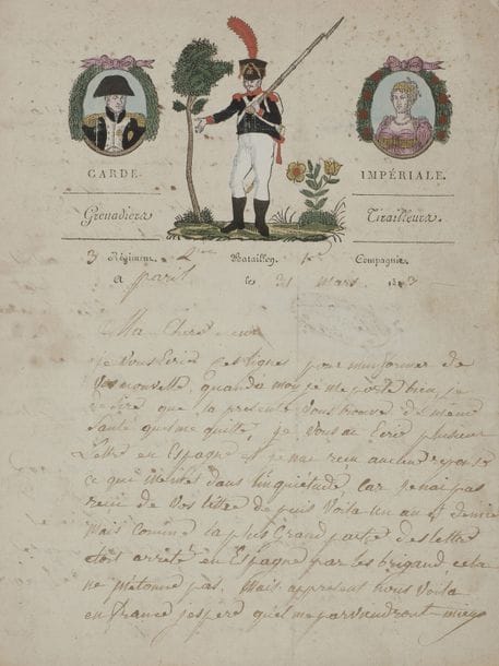 lettres de cantinières.
25 L.A.S., 1806-1874 ; 50 pages in-fol. ou in-4, dont 24 avec vignette ou dessin original en tête, la plupart coloriés et plusieurs en pleine page, quelques en-têtes, la plupart avec adresse, quelques marques postales (défauts à quelques lettres).

Bel ensemble de lettres de cantinières, illustrées de vignettes.
Ces lettres décorées étaient vendues par les cantinières, d’où leur nom. Les soldats y évoquent généralement pour leur famille leur vie quotidienne : permissions, marches, revues, problèmes d’acheminement du courrier, etc. 
Brest 23 octobre 1806, Toutin à sa mère à Intreville (Eure-et-Loir) : vaisseau à trois mâts. 
Metz 5 avril 1812, Bergenaux à ses parents à Reims : grenadier en médaillon, entouré d’emblèmes militaires, en-tête Empire Français.
Dunkerque 16 avril 1812, Jean Normandin à ses parents : aigle impériale, gravée sur bois par Besnard, coloriée, en-tête Empire Français [Garde impériale rayé], 5e Régiment (mouillure). 
Strasbourg 1er mai 1812, Georges Gentils à ses parents à Quinsat (Gironde) : artilleur de la Garde mettant le feu à un canon, un drapeau accroché à un arbre ; le tout colorié.
Moscou 27 novembre 1812, La Guérinais, capitaine adjudant à la réserve du 4e corps de la Grande Armée, à son père à Rennes, évoquant les deux batailles de Witepsk, et « le plaisir de voir les boulets et la mitraille de près » ; ni vignette ni en-tête.
Calais 13 février 1813, François Mélois à ses parents près Tours : Le Galant Militaire, grenadier tendant une fleur et une lettre à une dame, vignette coloriée (défauts).
Metz 28 mars 1813, Auguste Hébert, hussard au 10ème à ses parents à Lainville (Seine-et-Oise) : hussard brandissant un sabre sur un cheval cabré, à pleine page, colorié. 
Paris 31 mars 1813, Jean Grison, tirailleur de la Garde, à sa sœur à Vautorte (Mayenne) : grenadier tenant son fusil, flanqué de portraits en médaillon de Napoléon et Marie-Louise, le tout colorié, en-tête Garde Impéria