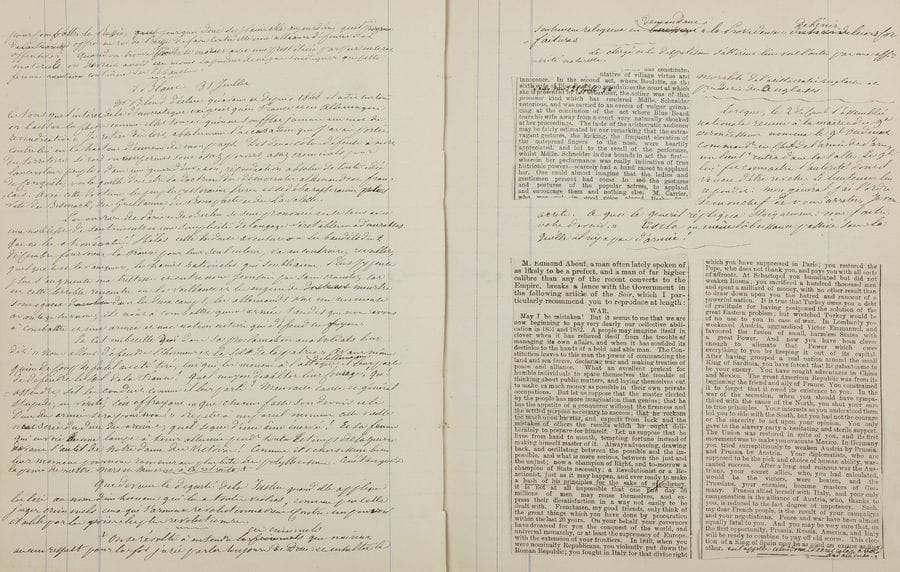 SCHOELCHER Victor (1804-1893) homme politique, auteur du décret d’abolition de l’esclavage.
MANUSCRIT autographe, 1870-1893 ; fort cahier petit in-4 de 85 feuillets, soit plus de 80 pages in-4 manuscrites et environ 90 pages de coupures de presse, cartonnage d’origine, plats de papier peigné, dos de basane bleue.

Précieux manuscrit de son journal intime et mémorandum, mentionnant sa lutte pour l’abolition de l’esclavage.
Schoelcher y détaille ses activités et ses rencontres, ses réflexions sur les faits du jour, parfois en anglais ; il y a collé de nombreuses coupures de presse. Nous ne pouvons en donner ici qu’un rapide aperçu.
La première entrée date du 10 février 1870, et atteste une brève visite de l’exilé à Paris : « Arrivé chez Étienne Arago à 10 hres par la magnifique artère de la rue Lafayette. Déjeuner au Grand Hôtel avec Schœrer, sa femme, Laurent Pichat, Clemenceau. L’Opéra véritable monument, de l’originalité. Façade et entrée de fête. Les trois arches de la cour du Carrousel grandes comme des choses égyptiennes. Allé chez Legouvé, Mme Sandrier et au Rappel. Vu là Meurice, Vacquerie et le fils Laferrière avocat de talent. Refusé de contribuer parce que je ne veux pas écrire où écrit une femme comme Madame Sand »... Les entrées suivantes évoquent la découverte de monuments parisiens récents et la rencontre de nombreuses personnalités : Albert, Wolf, Mme Floquet (la fille de Kestner), Peyrat, Bresson, Seigneuret, Bouilhet, Amaury-Duval, les fils de Huet et de Hetzel... Le 16 février, il visite avec Ernest Legouvé les nouvelles constructions du palais de Justice ; le 17, il déjeune chez Laurent-Pichat, découvre l’église de la Trinité de Ballu, dîne avec Legouvé et l’accompagne aux Italiens... Le 20, il va à un concert au Conservatoire : « Les Schœrer disent que Guillaume Tell est plein de banalités. Mr Théophile Gautier a dit chez Legouvé que Molière ne savait pas faire le vers. Mr Protet un peintre dit chez Mme Chabrier qu’il n’aime pas Mur