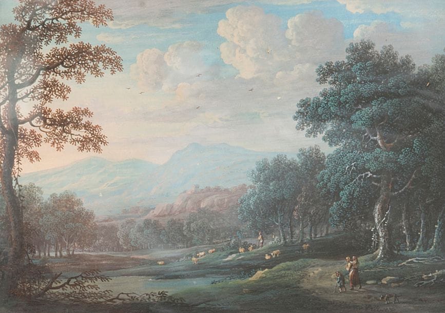 ÉCOLE FLAMANDE du XVIIIe siècle
Paysage animé
Gouache
13 x 18 cm