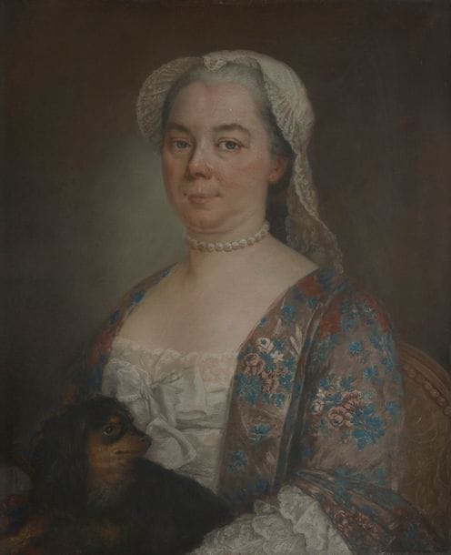 ÉCOLE FRANÇAISE du XVIIIe siècle
Femme au collier de perles avec son chien
Pastel.
(Quelques déplaquages).
63 x 52 cm