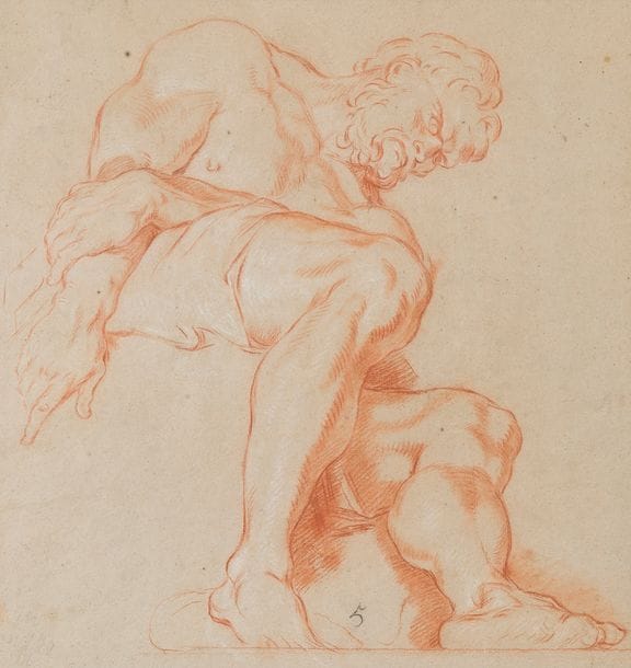 ÉCOLE Française du XVIIe siècle 
d’après Carrache ?
Étude d’homme
Sanguine et craie blanche sur papier beige
Numéroté 5 dans le bas
36 x 35 cm
Déchirure verticale et pliure vers la droite