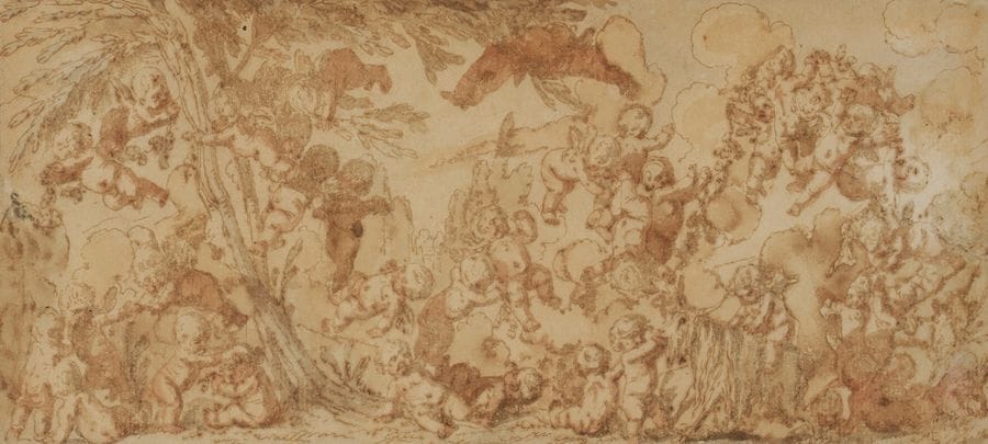 Louis - Félix DELARUE (1731 - 1765?)
Jeux d’amours
Plume, encre brune et aquarelle.
13,5 x 31,5 cm
(Rousseurs, encre ferro-gallique, épidermure).