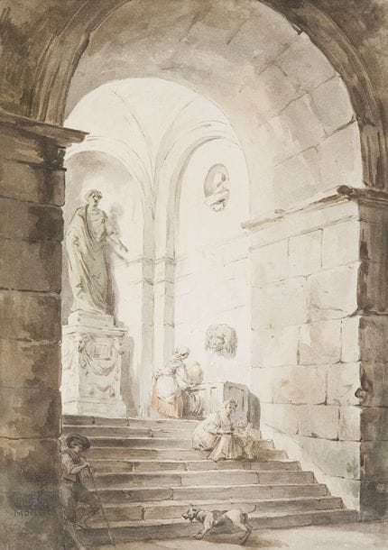 ÉCOLE d’Hubert ROBERT
Femme à la fontaine en Italie
Aquarelle, plume et encre brune
36 x 25 cm