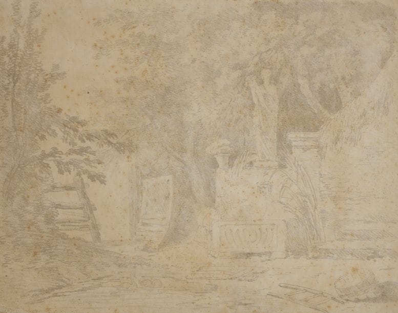 Hubert ROBERT (1733 - 1808)
Femme à la fontaine
Contre-épreuve.
(Rousseurs et légèrement insolé).
29,5 x 38 cm