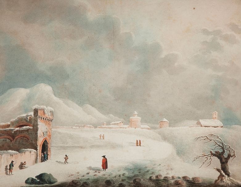 ÉCOLE FLAMANDE vers 1800
Paysage du nord de l’Italie sous la neige
Aquarelle, plume et encre noire. 
37 x 48 cm
Collé en plein, rousseurs et pliure au centre.