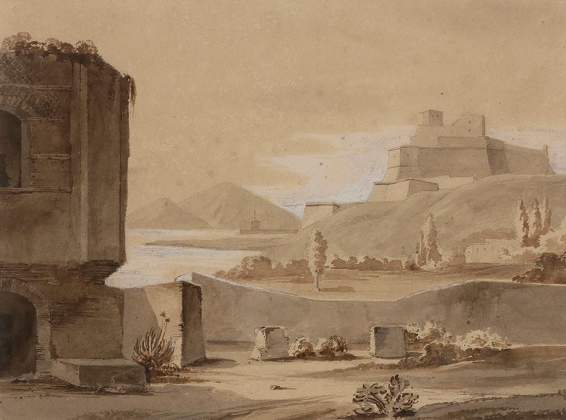 Louis BENOIS (1796 - 1873)
Golf de Pozzuoli - Porte Napolitaine - Vue de l’habitation de l’Ermiste sur le Vésuve, 1821
Plume et encre brune, lavis brun.
17 x 22,5 cm - 21,5 x 17,5 cm - 16 x 21 cm