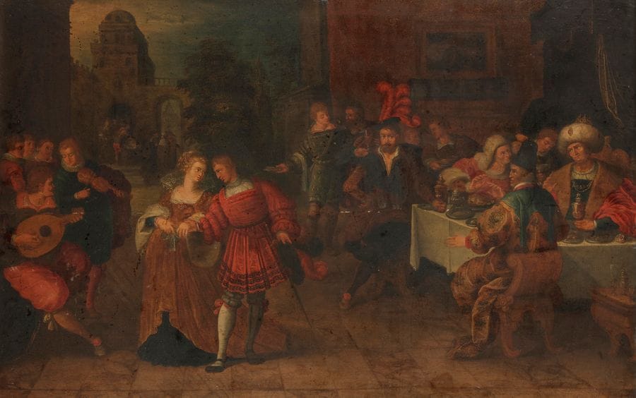 Attribué à Ambrosius FRANCKEN (1544 - 1618)
Scène de bal durant un banquet
Panneau de chêne, parqueté
51,5 x 81 cm
Petits manques et restaurations anciennes 