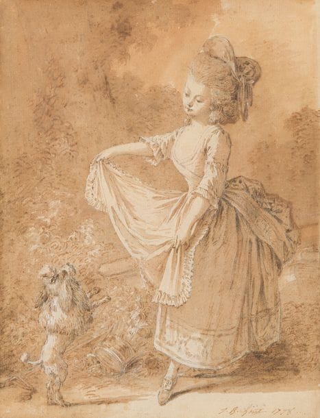 Jean-Baptiste HUET (1745 - 1811)
Jeune fille au chien ; jeune femme avec un chat et un oiseau
Lavis d’encre brune sur trait de crayon noir
Signé et daté 1778 en bas à droite et en haut à droite
21 x 16 cm