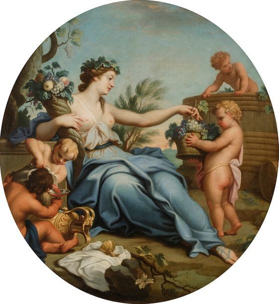 Attribué à François Albert STIEMART (1680 - 1740) 
Allégorie de l’Automne
Toile ovale d’origine 
75,5 x 69 cm
Restaurations anciennes

 François Albert Stiemart est un peintre de portraits et décorateur, surtout connu comme copiste (d’après Hyacinthe Rigaud, Louis de Boullogne, Charles de La Fosse, Antoine Coypel ou Jouvenet). 

Notre toile est à rapprocher de la série des Quatre Saisons livrée pour le rez-de-chaussée du pavillon royal de Marly (appartement du dauphin) en 1728. La copie de l’Eté, conservée au Musée Promenade est d’après Louis de Boullogne. Le Musée-Promenade conserve aussi un exemplaire de l’Automne, en dépôt au musée du Louvre. Tous deux sont de format ovale.