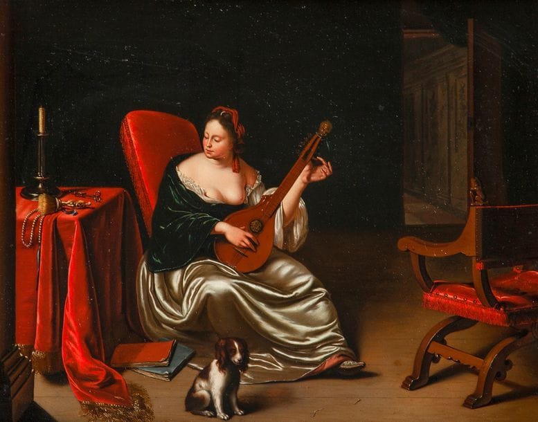 Attribué à JAN Van MIERIS (1660 - 1690)
Jeune dame à sa toilette dans un intérieur 
Cuivre
29 x 37,5 cm
Porte une signature et une date sur montant du pied : ieris.. 16 ..
Petits manques et restaurations anciennes 