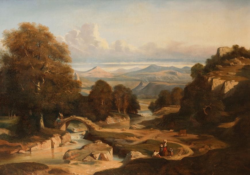 Attribué à Paul Jean FLANDRIN 
(Lyon 1811 - Paris 1902)
Paysage animé 
Toile 
65 x 98 cm
Restaurations anciennes 