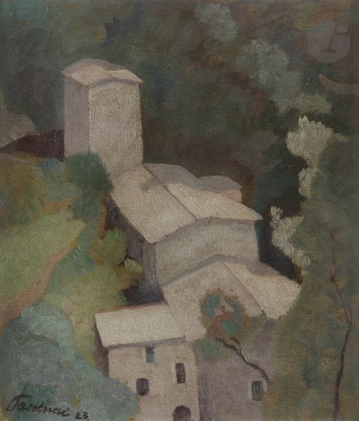 Enrico PAULUCCI (1901-1999)
Italie, vue d’une église, 1923
Huile sur panneau.
Signée et datée en bas à droite.
Signée et annotée au dos.
25 x 22 cm