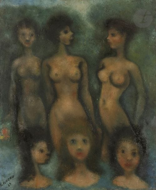Édouard GOERG (1893-1969)
Six nymphes, 1949
Huile sur toile.
Signée et datée en bas à gauche.
Signée, datée et titrée au dos.
46 x 38 cm
