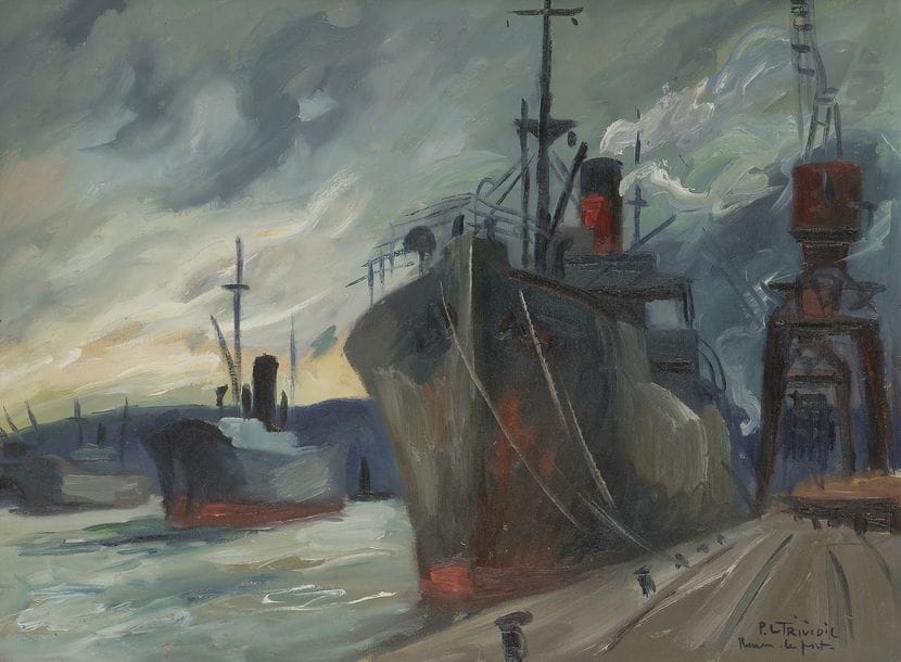 Pierre LE TRIVIDIC (1898-1960)
Rouen, le port
Huile sur toile.
Signée et située en bas à droite.
(Restauration).
50 x 65 cm