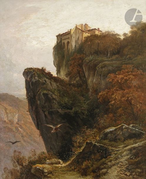 François-Louis FRANçAIS (1814-1897)
Bruniquet, le château, 1874
Huile sur toile.
Signée et datée en bas à droite.
(Petites restaurations).
100 x 80 cm