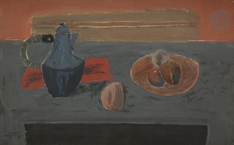 Henri HAYDEN [franco-polonais] (1883-1970)
Nature morte, cafetière et fruits, 1960
Gouache.
Signée et datée en bas à gauche.
41 x 60 cm

Provenance : 
Waddington Galleries, Londres (étiquettes au dos).