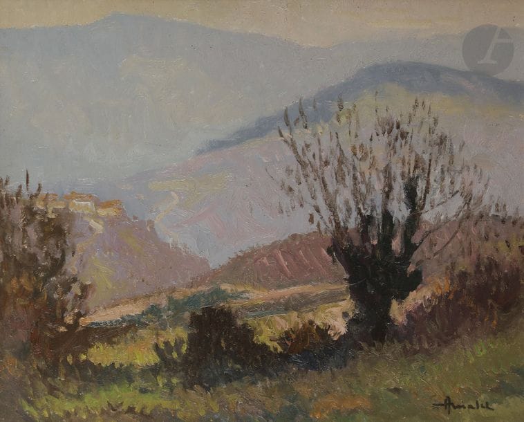 Albert MALET (1905-1986)
Les Monts du Beaujolais
Huile sur isorel.
Signée en bas à droite.
Signée et titrée au dos.
38 x 46 cm