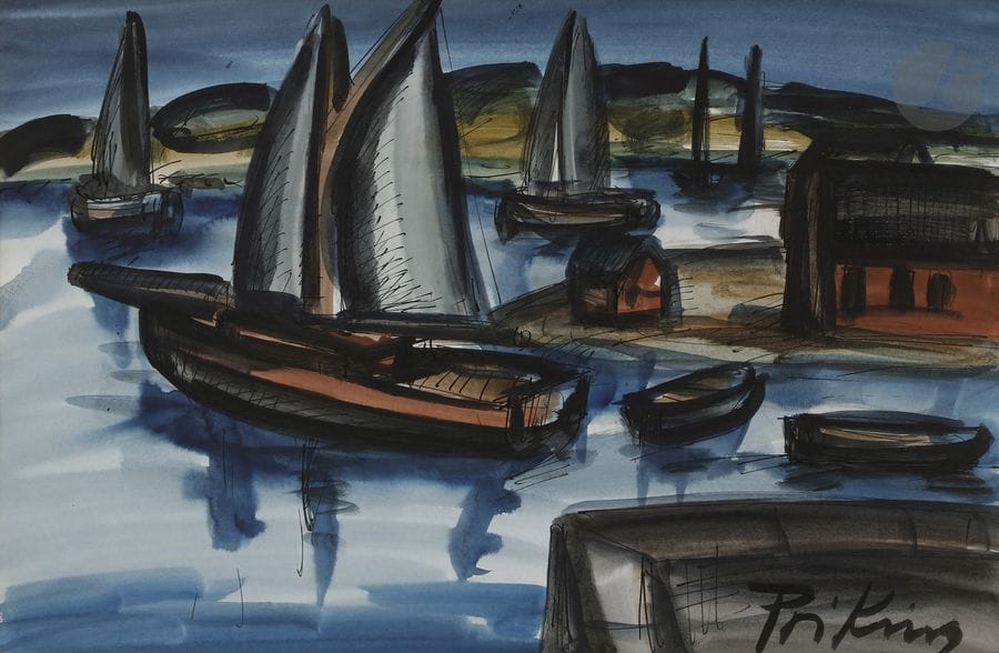 Franz PRIKING (1929-1979)
Bateaux sortant du port
Encre et aquarelle.
Signée en bas à droite.
31.5 x 48.5 cm