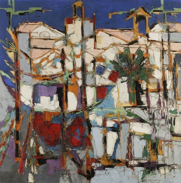 Claude VENARD (1913-1999)
Le 14 juillet à Sanary, vers 1955
Huile sur toile.
Signée en bas à droite.
Signée et située au dos.
100 x 100 cm
(Craquelures et petits manques épars).